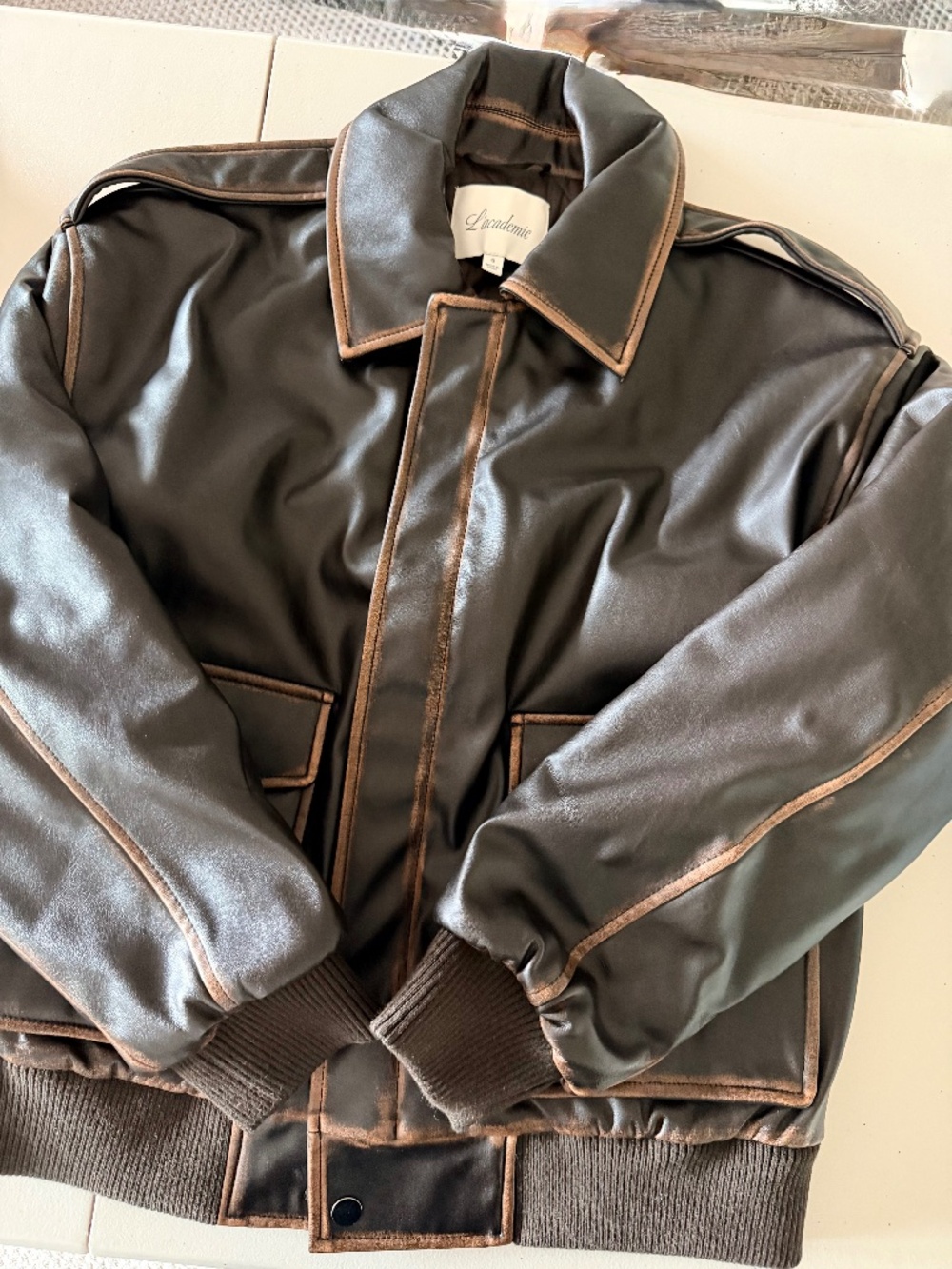 L’Academie Bo Faux Leather Bomber Jacket Brown Contrast Trim